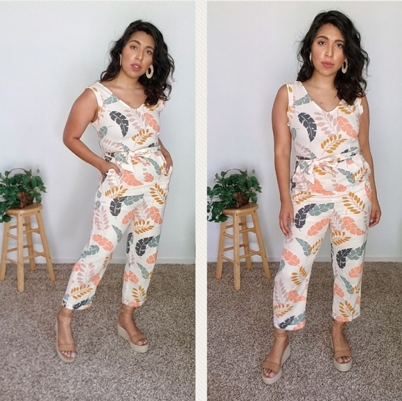 Pants - AVANT-GARDE CREAM LEAF PRINT JUMPSUIT